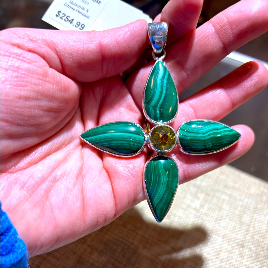 Stunning Fine Silver Malachite And Citrine Pendant 175$